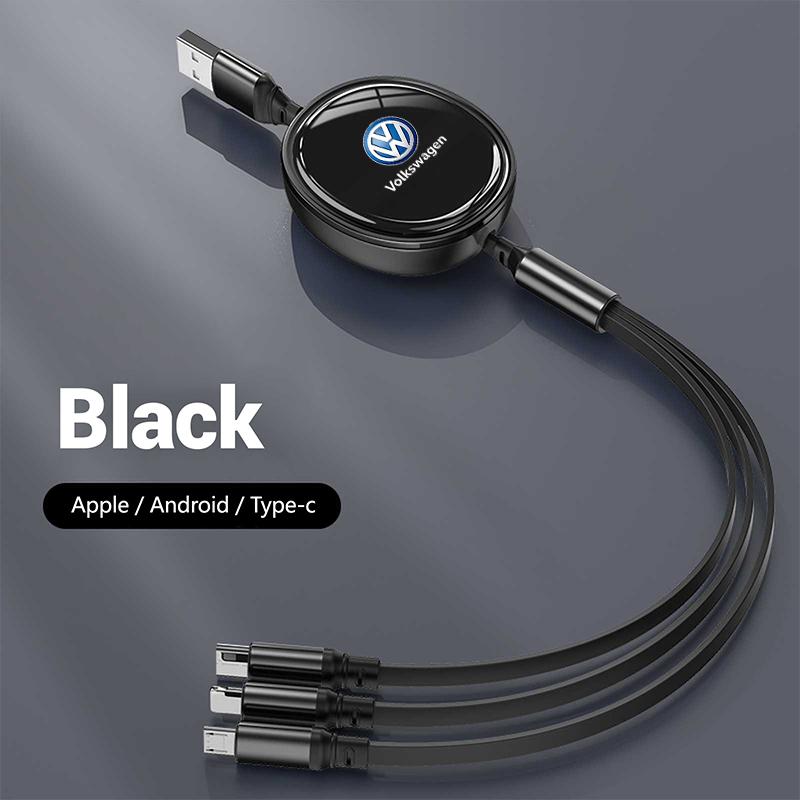 For VW 3In1 Retractable 100W Fast Charge Cable For iPhone USB Type C/Micro For Volkswagen VW R-line GTI R Polo Golf Passat Tig