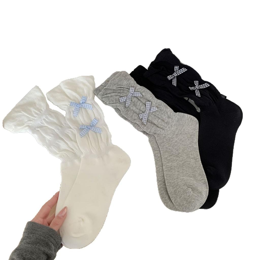 Plaid Small Bow Ribbon Solid Color Lace Medium Tube Stacking Socks Children'S Cute Lolita Socks