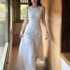 French Heavy Industry Three-dimensional Embroidery Sleeveless Solid Color Pleated Crew Neck Dress Women's Summer Vacation Huge Good-looking Vest