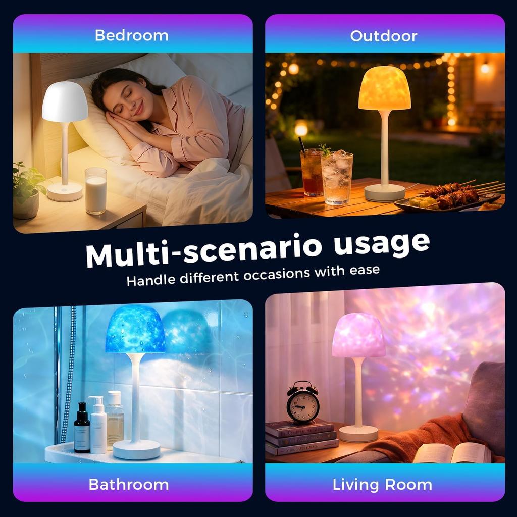 Waterproof Shower Lamp Rechargeable LED Ocean Projector Outdoor Table Lamps | 16 Color Ocean Wave Projection, Remote & Touch Control, USB-C