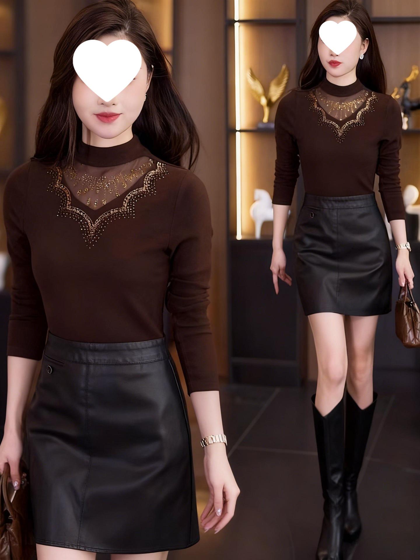 

Elegant Mesh Long Sleeve Tummy-Contouring Top for Mature Women - Autumn & Winter Collection 3XL коричневый