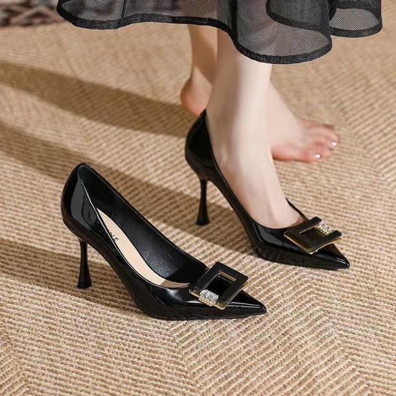 

Fashion Spring Autumn Luxury Crystal Heel Pumps Women Black Pointed Toe High Heels Shoes Woman Pu Thin Heels Pumps Ladies 35 чёрный