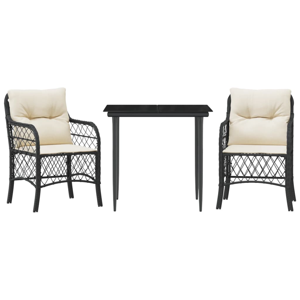 Vidaxl 3-Cz. Bistro Furniture Set with Cushions, Black, Poly Rattan