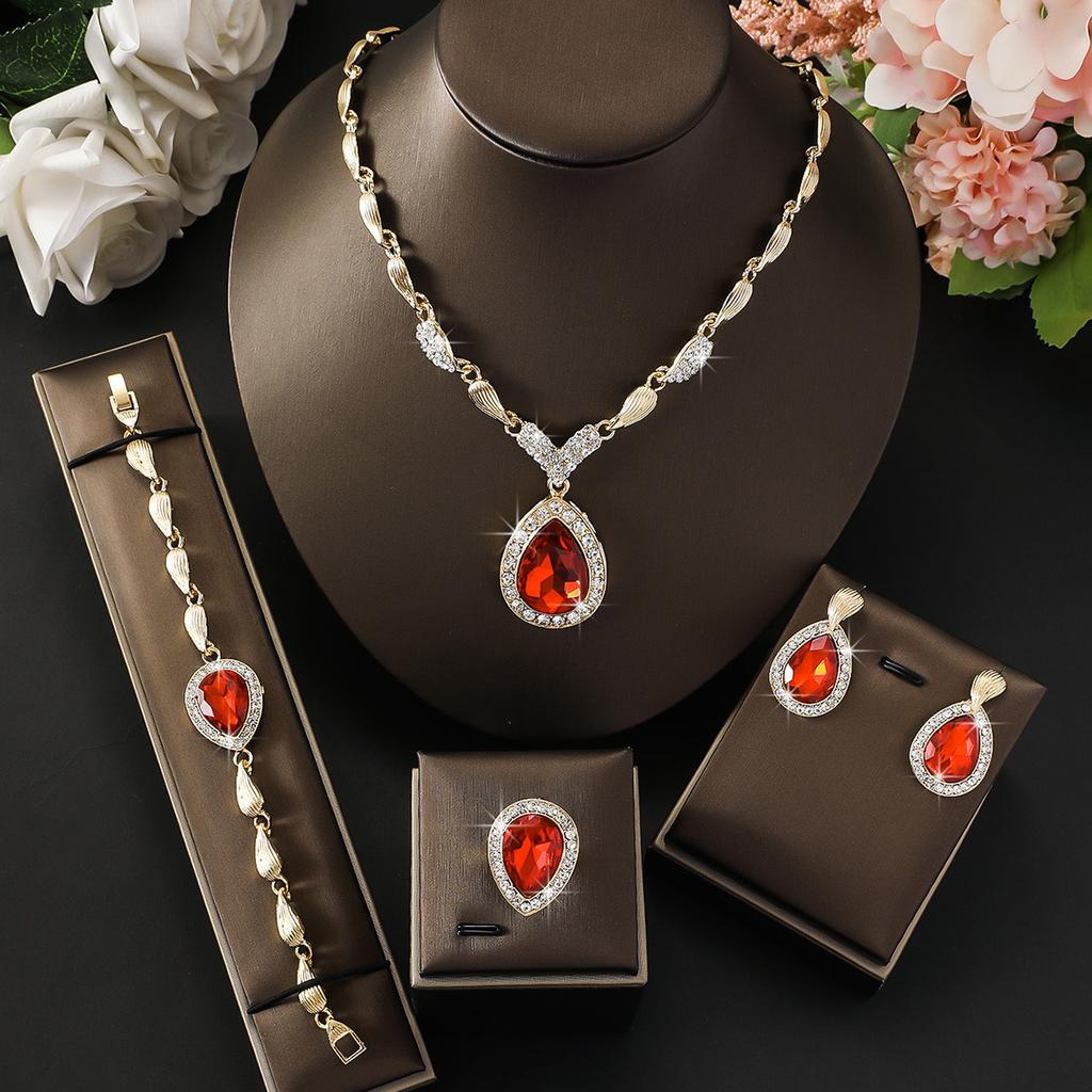 2026 Exaggerated Water Drop Gemstone Collarbone Chain Alloy Gold-plated Four-piece Bridal Banquet Jewelry