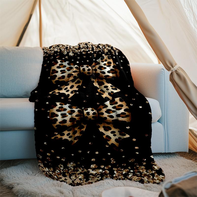 Leopard Bowknot Blanket Personalized Name Flannel Blanket Soft Cozy Plush Throw for Sofa Bed Lightweight Home Décor