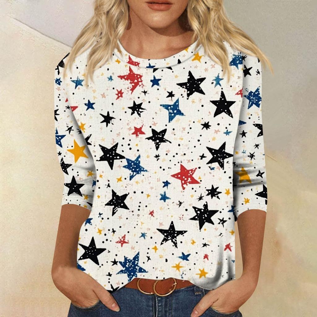 Dames Mode Casual Zeven Mouwen Onafhankelijkheidsdag Bedrukt Rond Hals T-shirt Top