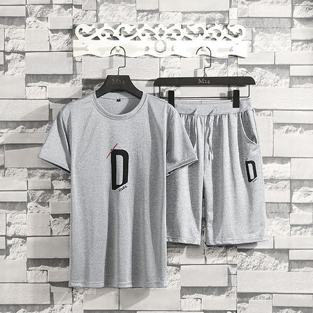

Men Casual Sets Summer Tracksuit Solid Letter T -Shirts +Shorts Two Piece Sportswears Loose Set XXXL