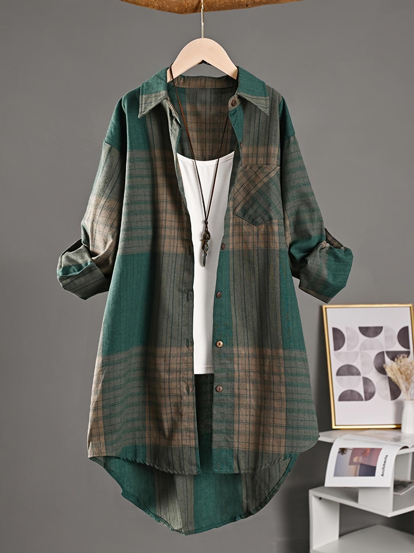 

2025 Новая женская повседневная ретро полосатая клетчатая свободная длинная рубашка - Стильная блузка с длинным рукавом для женщин L зелёный