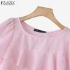 ZANZEA Women Casual Round Neck Short Sleeve Stripe Ruffles Blouse