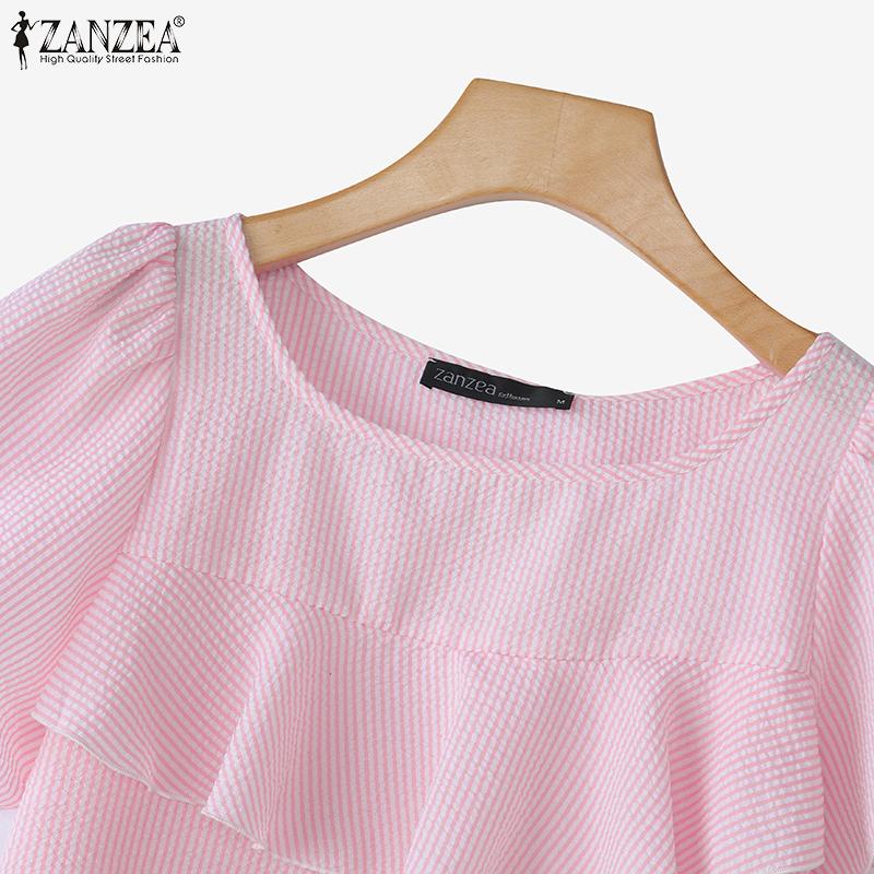 ZANZEA Women Casual Round Neck Short Sleeve Stripe Ruffles Blouse
