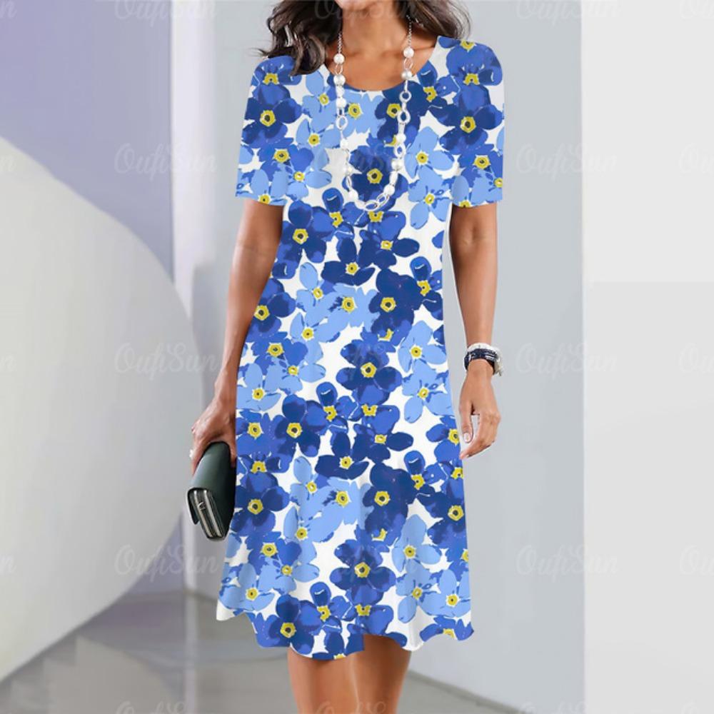 2025 Sommerurlaub Kleid mit Knitterblumenmuster elegant kurzärmlig O-Ausschnitt Kleidung Streetwear lockeres Kleid