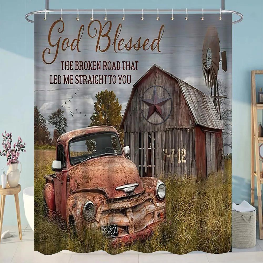 

Antique Car Shower Curtain Vintage Classic Old Truck Car On Farm Field Retro Rustic Farmhouse Fabric Bathroom Decor Curtain Hook W60H190(CM)-1 Pcs