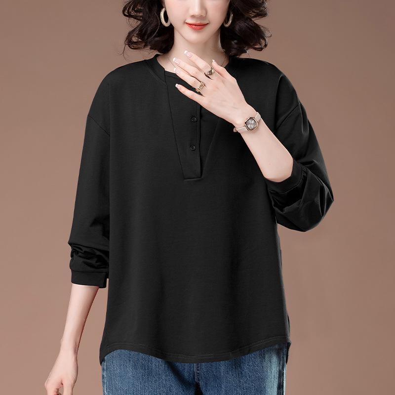 Middle-Aged Women's Plus Size Long-Sleeve Cotton Shirt - Loose Fit, Belly Cover, Ideal for Spring & Autumn (Style 6322)