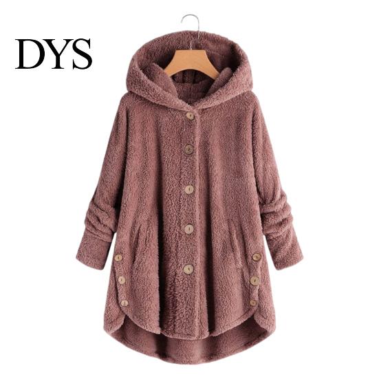 Solid Color Women Jacket Plush Coat Hooded Long Sleeve Side Buttons Hem Single Breasted Mid-length Casual with Pockets Loose Fit Velvet Winter