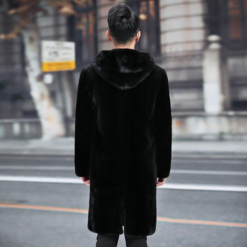 Mink Coat Men's New Mink Hair Warm Whole Mink Long Slim Fit with Hat Fur Casual Fur Jacket