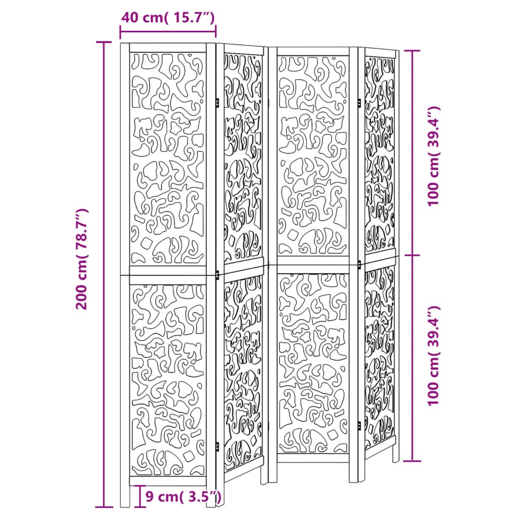 4 Piece Black Solid Wood Folding Screen Paulownia