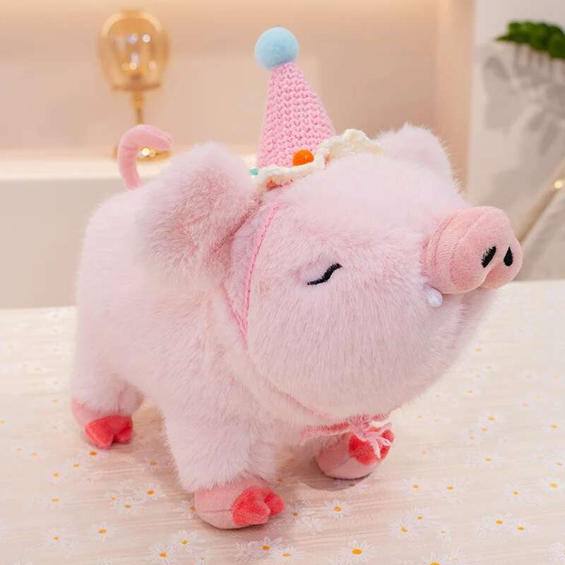 20/30cm Cartoon Simulation Wild Boar Wear Birthday Hat Toy Stuffed Animal Kawaii Pig Anime Doll Holiday Gift Room Decoration