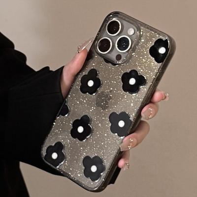 Glitter Black Flowers for Apple 15 Promax Mobile Phone Case 16 for Iphone 13 Retro Niche 11 Soft Case 12
