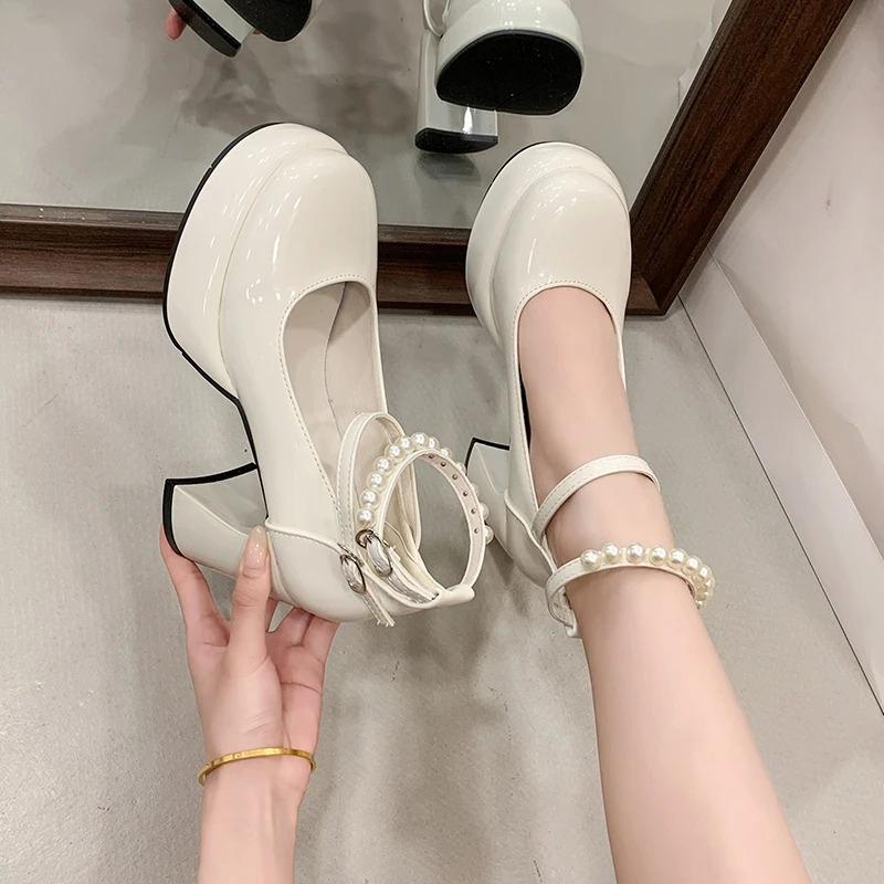 

French Pearl Mary Jane Women s Round Toe Shallow Mouth One Buckle Strap Block Heel Platform Pumps 35