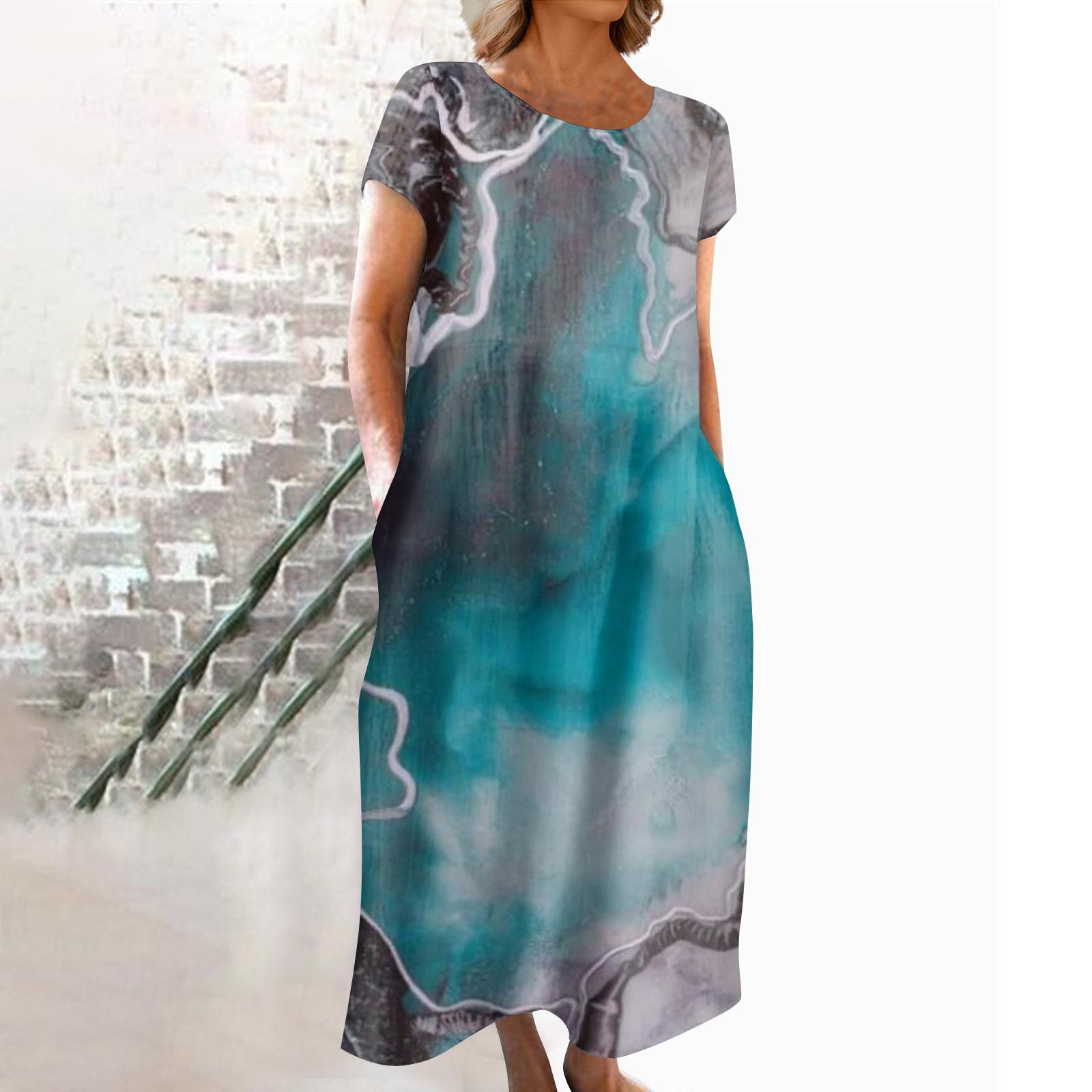 

Модное женское летнее платье с круглым вырезом и повседневным модным пуловером с принтом и коротким рукавом M зелёный