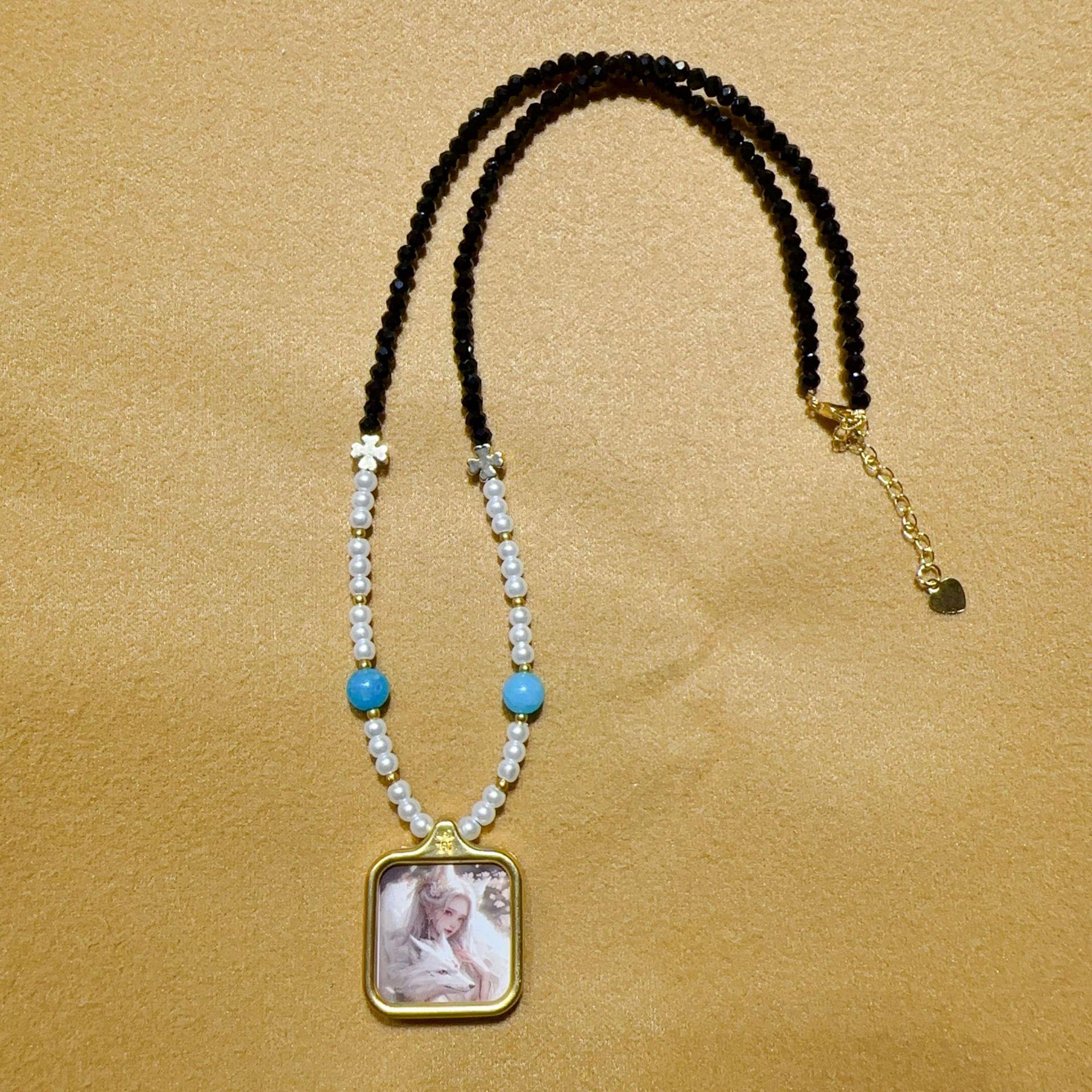 Nine-Tailed Fox Thangka Pendant with Hand-Knotted Rope and Artificial Crystal Clavicle Chain