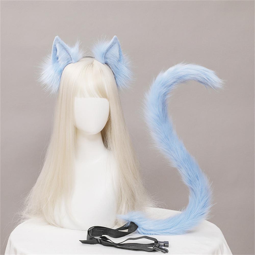 2Pcs/Set Plush Cat Ears Tail Set Realistic Lolita Headband Cat Tail Cosplay Props Hand-Made Simulation Animal Ears