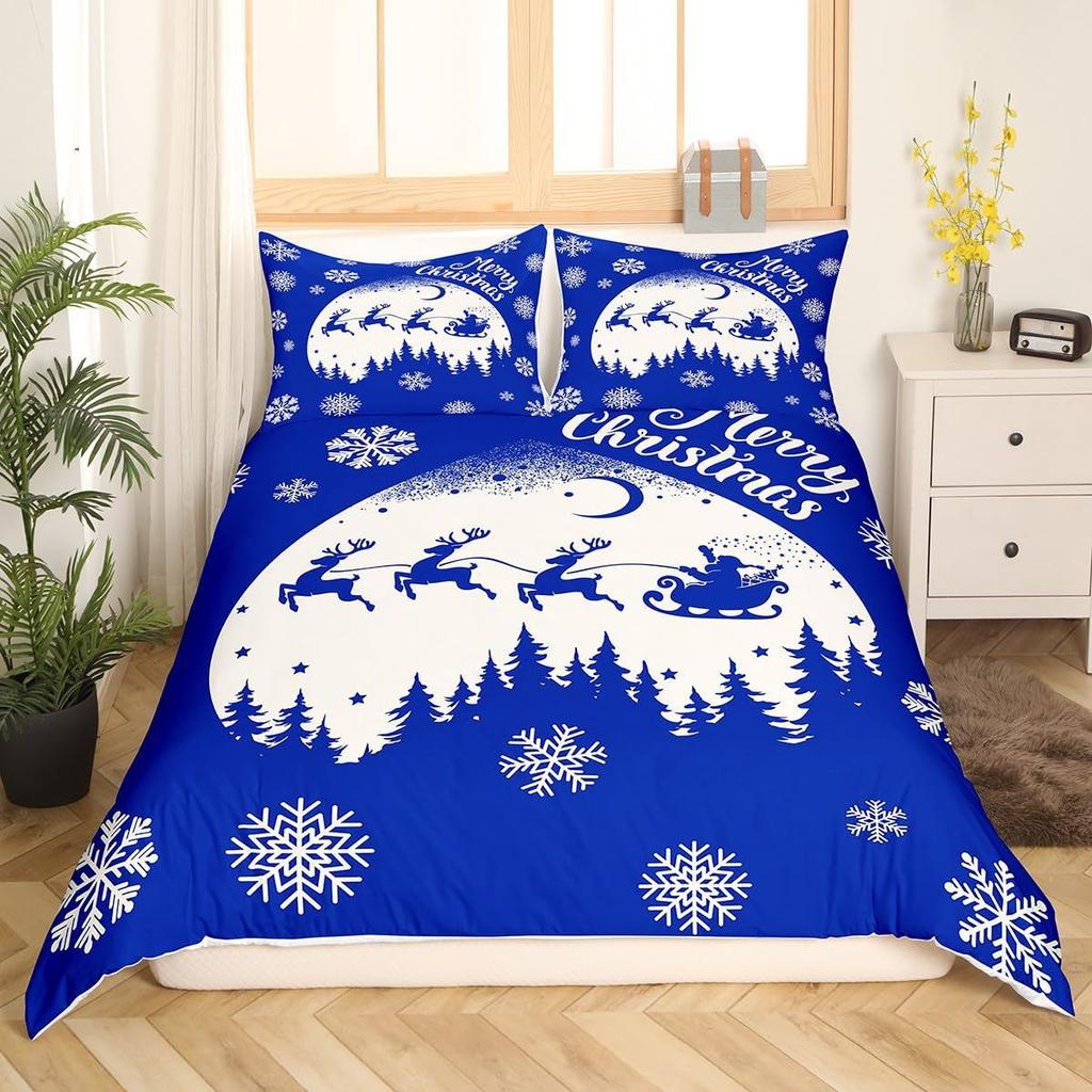 Red Three-Piece Quilt Cover Digital Printing Bedding Set Christmas Elk Snowflake Bed Cover