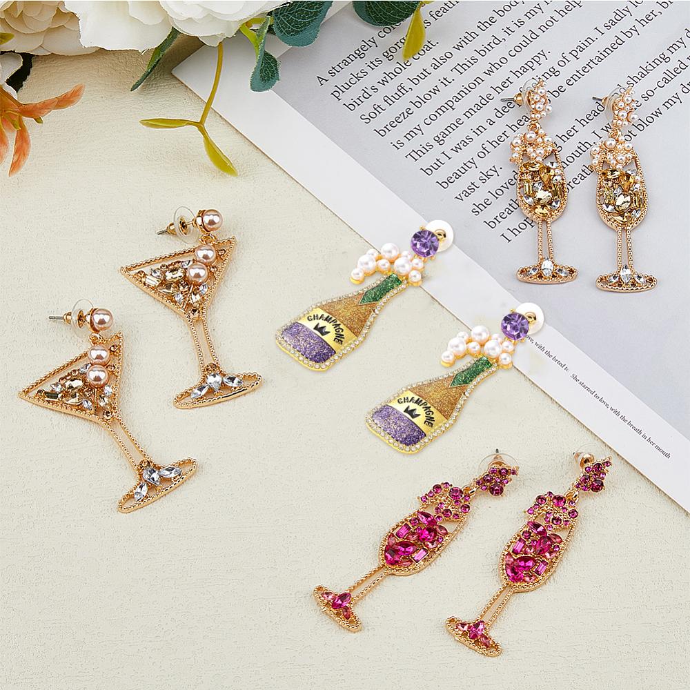 4 Pairs 4 Styles Rhinestone & Plastic Pearl Glass Wine Glass Dangle Stud Earrings, Alloy Long Drop Earrings, Golden, 58~68x14.5~31.5mm, 1 Pair/style