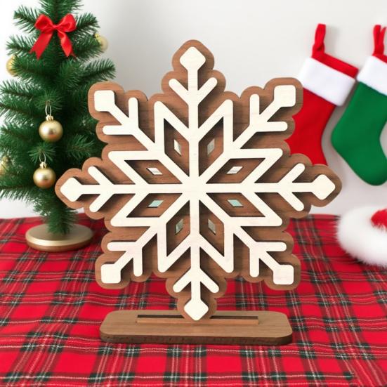 Wooden Snowflake Christmas Ornament Double-Layer 3D Design Hexagonal Shape Statue with Stable Base Table Decor