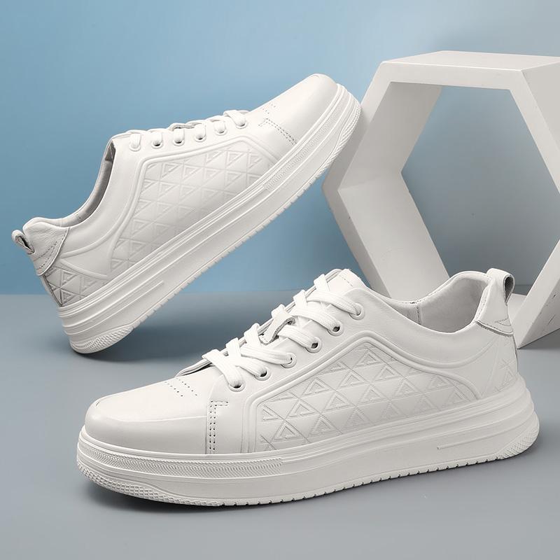 Fashion Men's Lightweight Cow Leather Elevator Shoes 5cm Hidden Lifts or Flat Sole Breathable Casual Sneakers for Daily Wear Comfortable