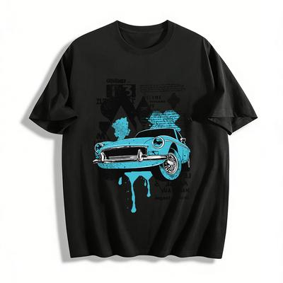 Vintage Classic Car Print T-Shirt Street Retro Style Casual Men's Top Pure Cotton T-shirt