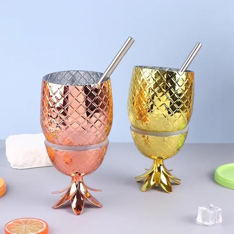 New 450ml Plastic Cocktail Glass Pineapple Straw Glass Foreign Wine Red Wine Glass Stainless Steel Straw