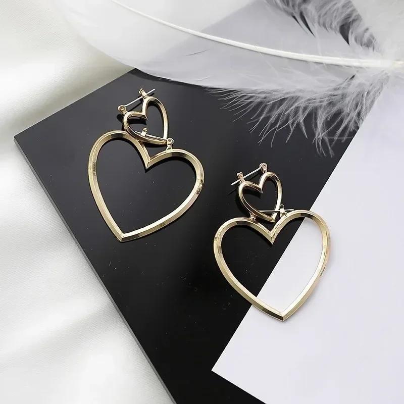 1 Pair Women Creative Hoop Gold Double Heart Earrings Dangle Hollow Ear Studs Korean Edition Women's Titanium Steel Earring
