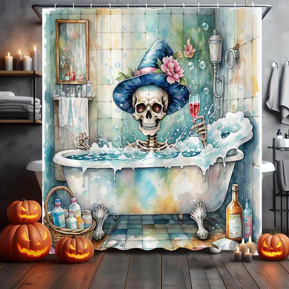 Amusing and Creative Skeleton Skull Shower Curtain Waterproof Bathroom Curtain Funny Scary Halloween Home Decorative Curtain