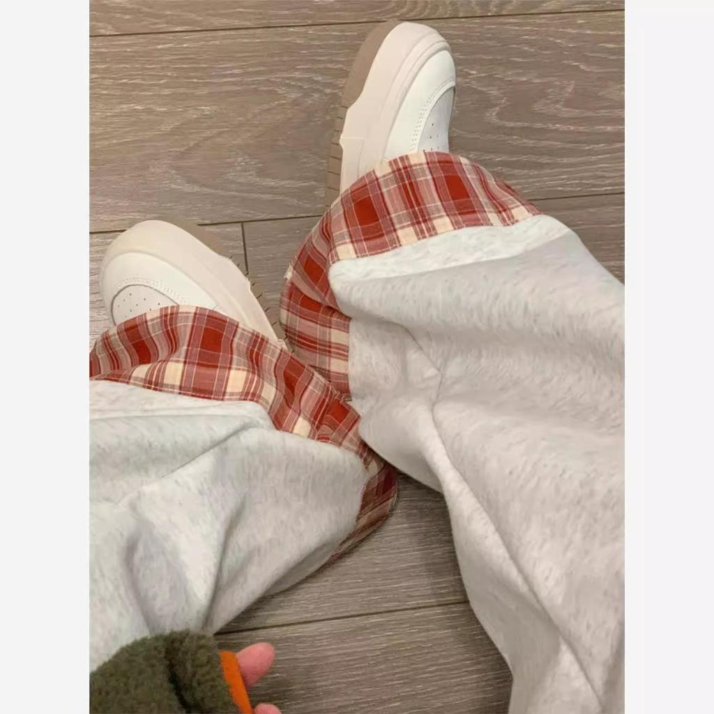 Kids' Retro American Wide-Leg Plaid Sweatpants - Women's Spring Straight-Leg Spliced Style