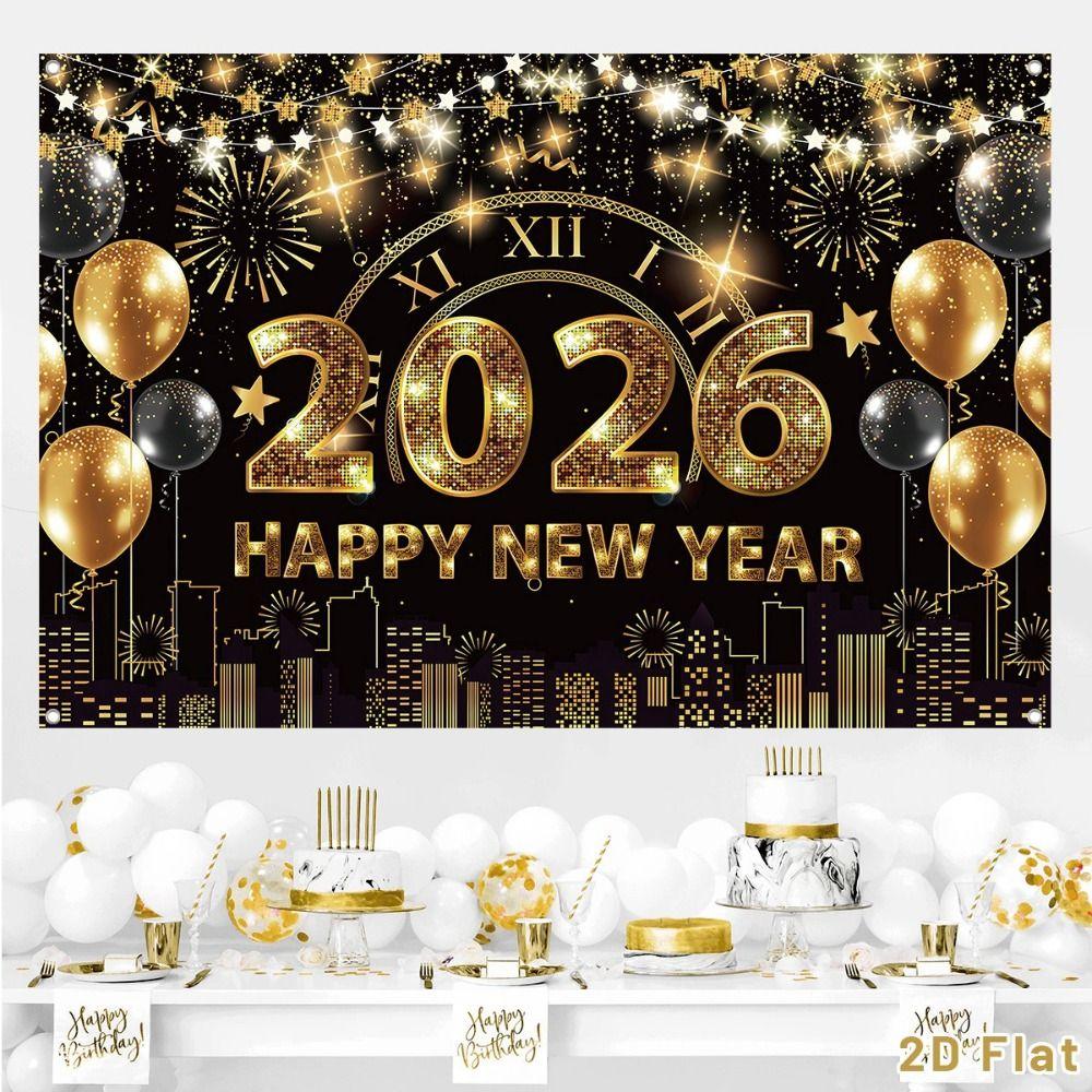 Shiny 2026 New Year Backdrop Banner Black Gold Letter Party Background Decoration Polyester Colorful Balloon