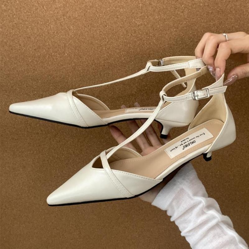 

Fashion Elegant Pointed Toe T-strap Low Heel Pumps Women Fashion Ankle Buckle Kitten Heel Brand Designer Shoes Sexy Banquet Dress Shoes 39 бежевый