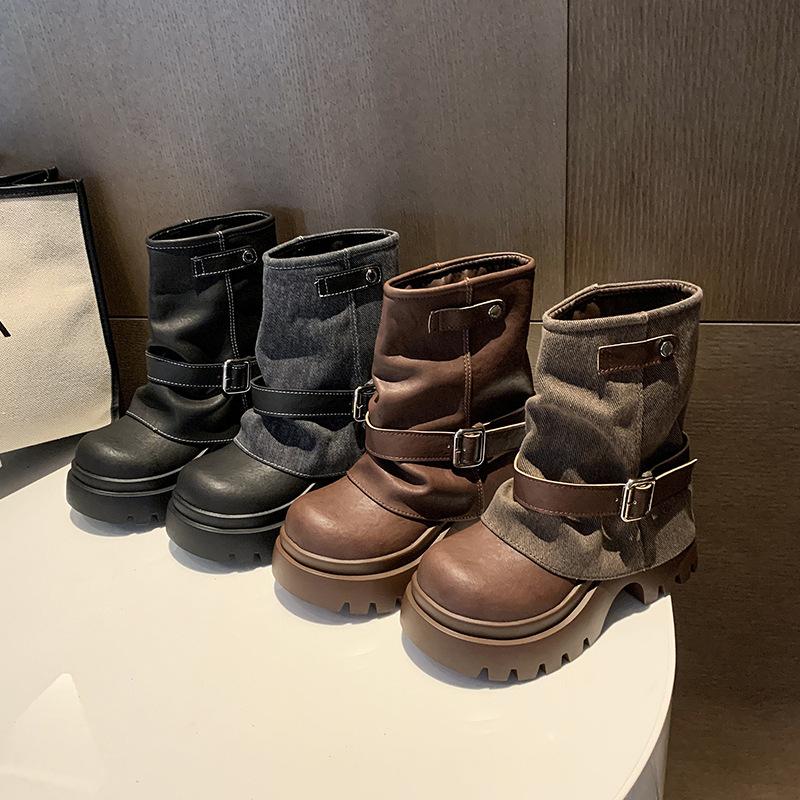 [Fanfna] Thick-soled trouser tube boots women's pile boots 2025 autumn new western cowboy short boots big head Martin boots