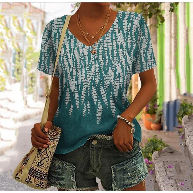 Letní dámská trička 3D barevný gradient Grafický potisk Fsahion Ležérní Krátký rukáv Topy s výstřihem do V Tričko Oversized Dámské Oblečení