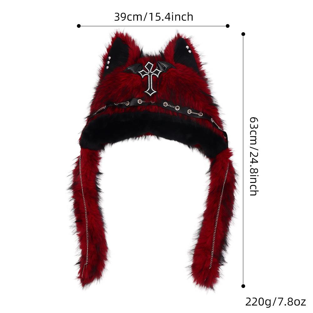 Gothic Dark Style Plush Cat Ear Hat, Punk Rock Warm Winter Hat, Trendy Thermal Headwear for Women