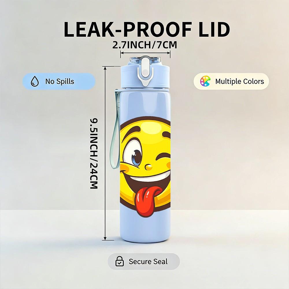 1PC Tongue Out Funny Yellow Emoji Print 750ml Color Plastic Sports Water Bottle Leakproof Flip Straw Lid Suitable for Sports Office Home Use