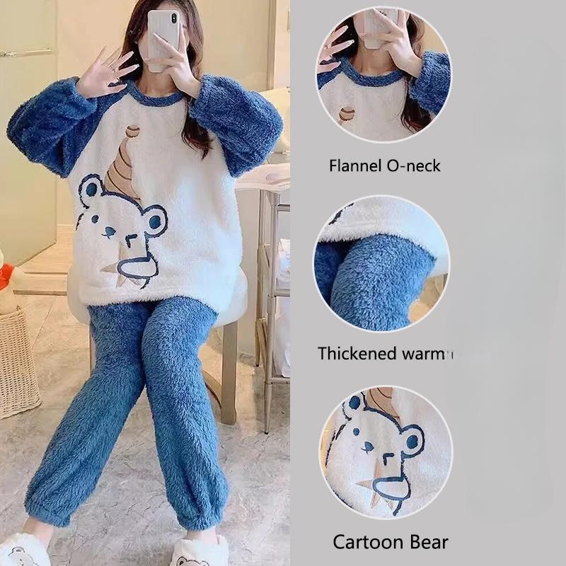 Thickened Warm Flannel Women's Sleepwear Coral Velvet Pajamas Loungewear Winter Cartoon Bear Padded Ladies Nightwear Homewear