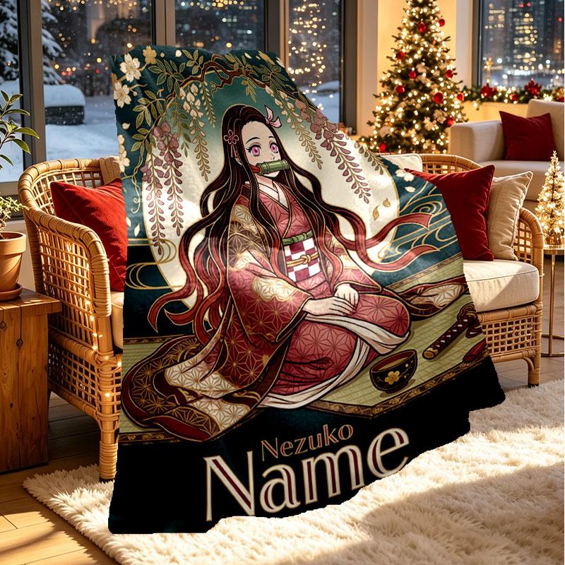 Couverture Personnalisée au Nom avec Impression Demon Slayer, Décoration d'Intérieur, Chambre à Coucher, Canapé, Camping, Canapé, Cadeaux pour Anniversaire Noël