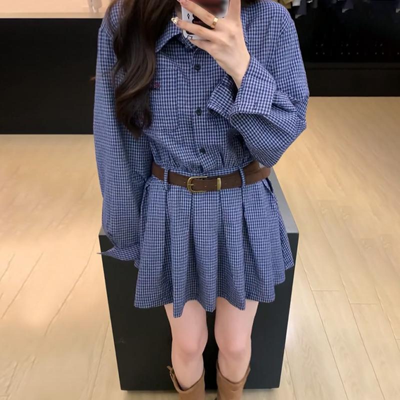 Plus Size Preppy Plaid Waist-Defining A-Line Dress - Slimming Short Skirt Shirt Dress for Women