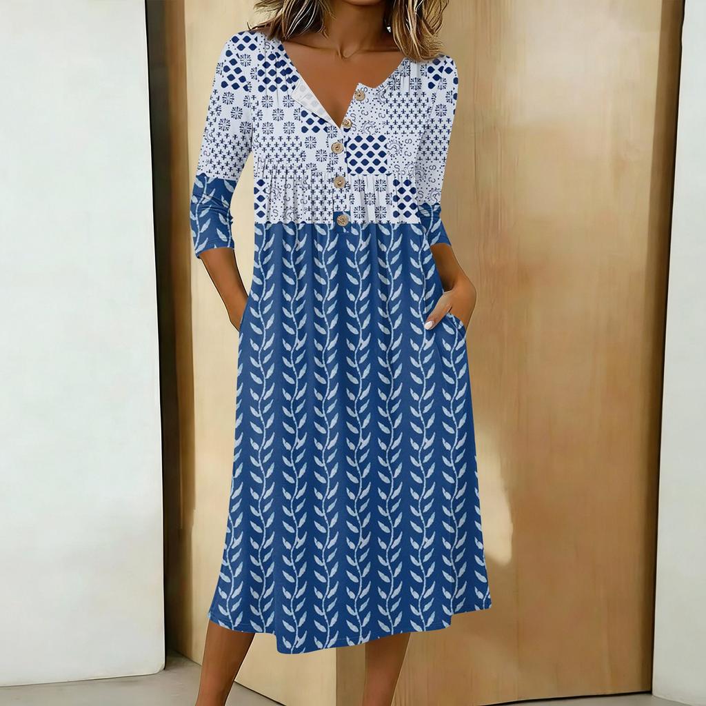 Modisches Damen-Midikleid mit Rundhalsausschnitt, 3/4-Ärmeln, Knopfleiste und farbenfrohem Print, lässig