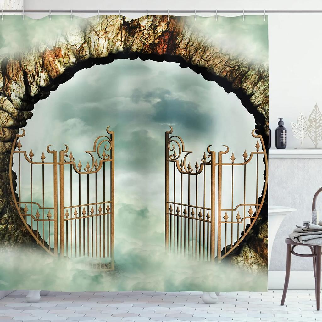 Medieval Shower Curtain,Rustic Wood Shield On Medieval Castle Gate Bath Curtain,Wooden Door Historical Vintage Home Bathroom Set