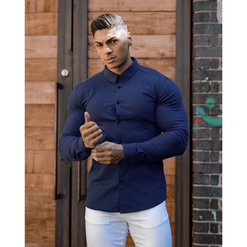 Men Muscle Slim Fit Long Sleeve Turn Down Collar Casual Sports Fitness Shirt
