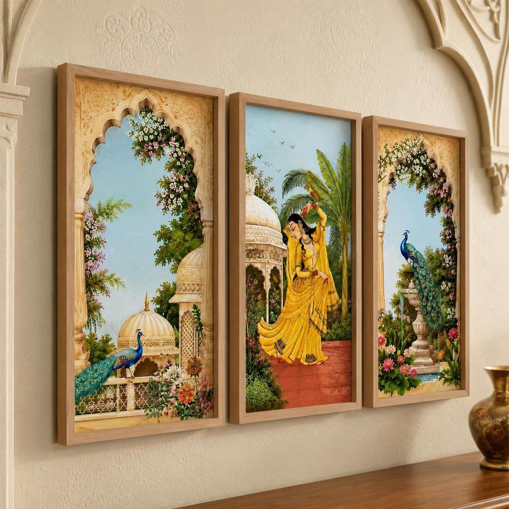 Livin'luxe Set of 3 Mughal Garden Peacock Lady Wall Paintings with Sparkle Laminate, Premium Wooden Synthetic Frame, Royal Palace Floral Art