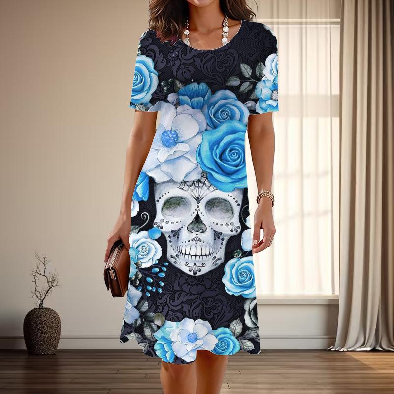 Women's Fashion Graceful Rose Skull Print Summer Spring Short Sleeve O-Neck Casual Dresses