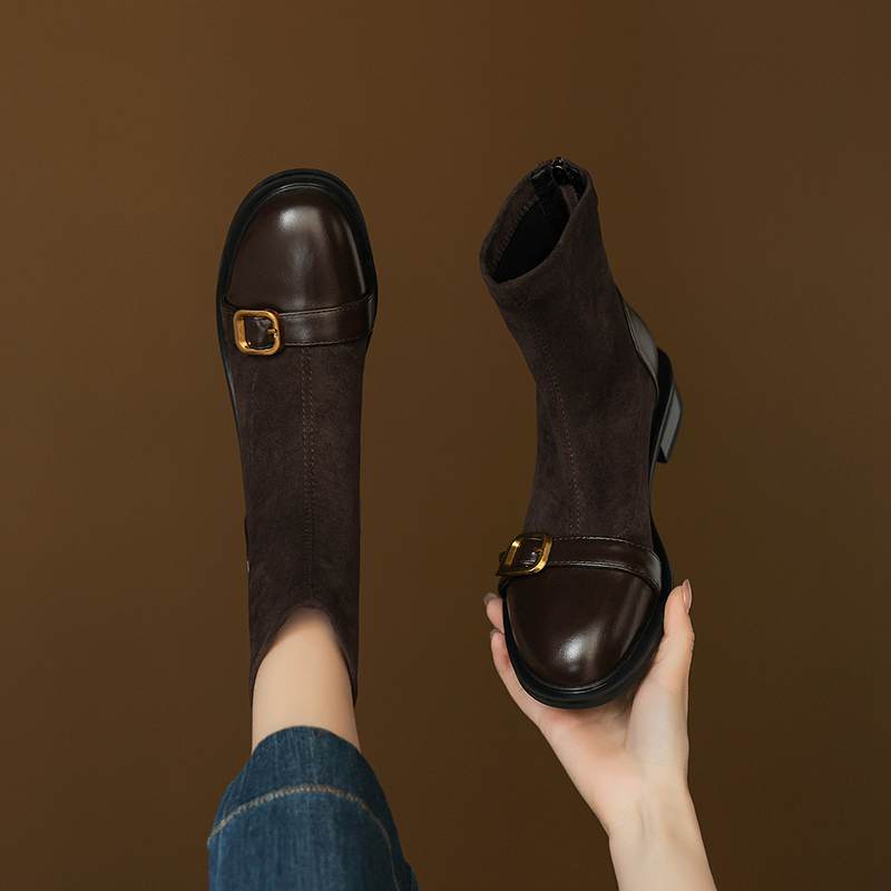 Krazing Po Microfiber Flock Winter Round Toe Size 33 Chelsea Boots Size 43 Zipper Metal Buckle Low Heels Ankle Boots